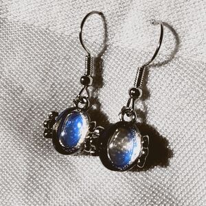 Silver Tone Antique Style Faux Opal Dangle Earrings